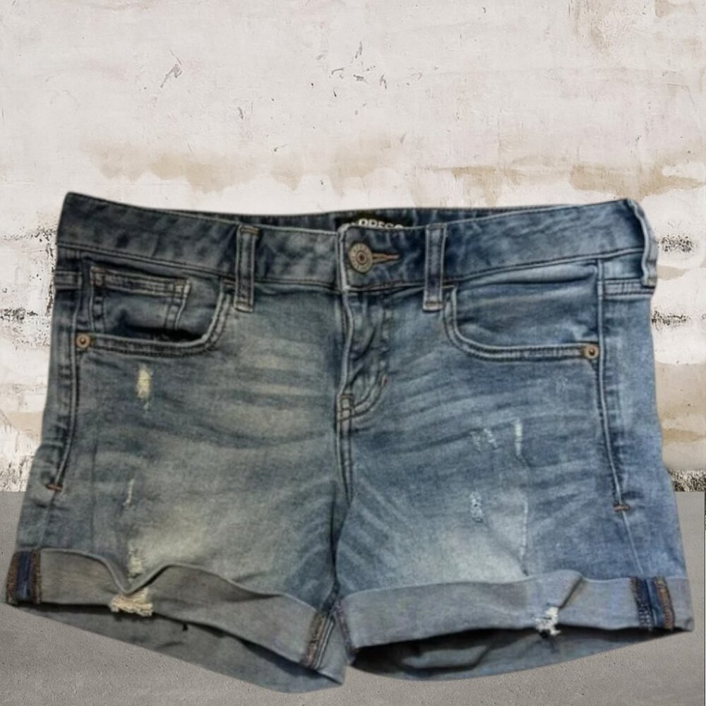 Express Women's Ultimate Stretch Blue Jean Shorts Distressed Low Rise Size 2 - Picture 2 of 6